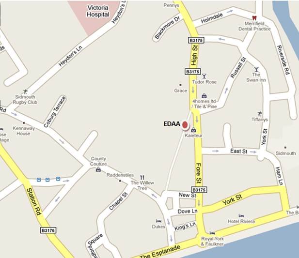 Map showing East Devon Art Academy on Old Fore Street in Sidmouth